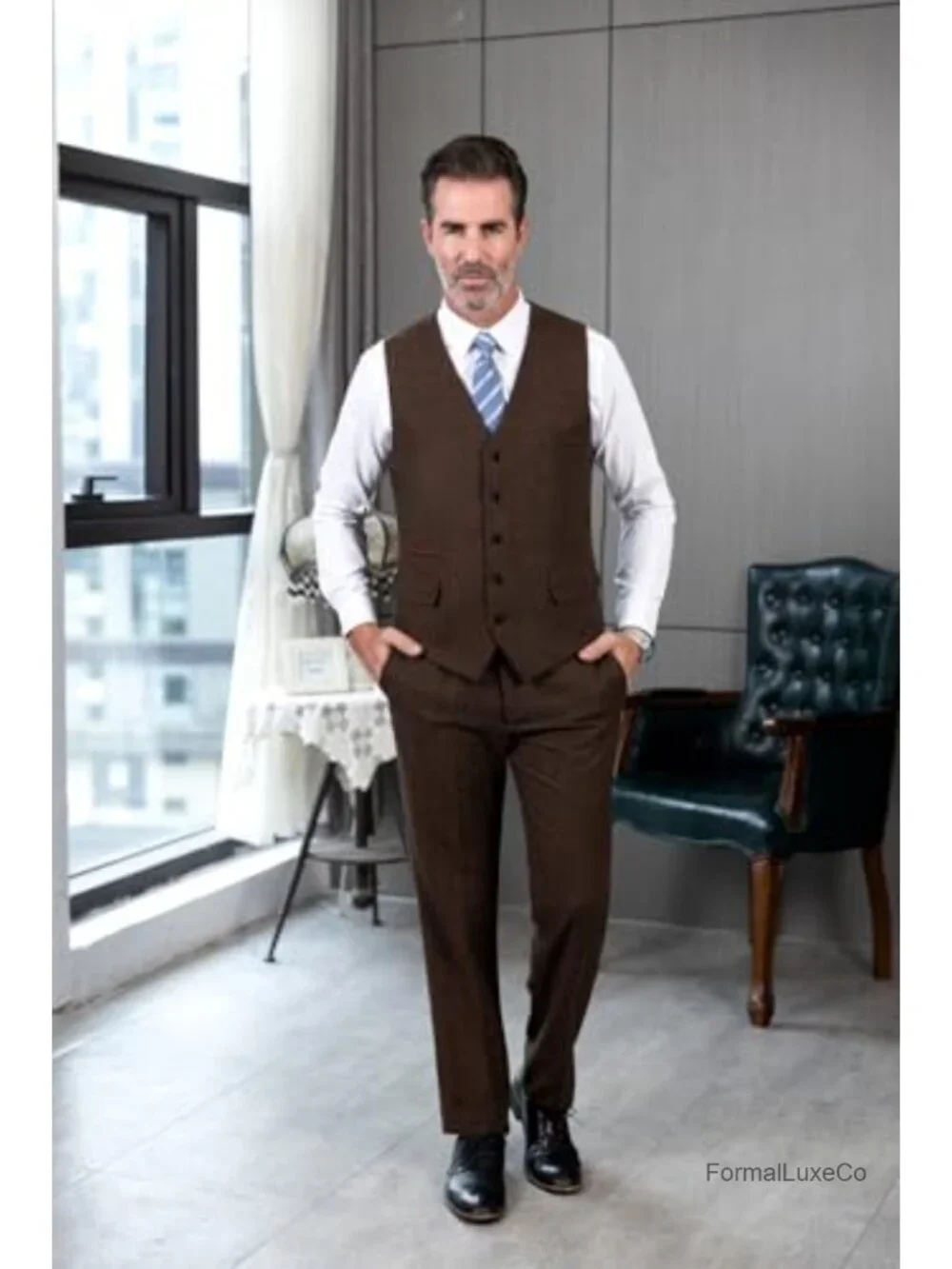Men's Vintage Herringbone Wool Blend Suit Vest V-Neck Button Casual
